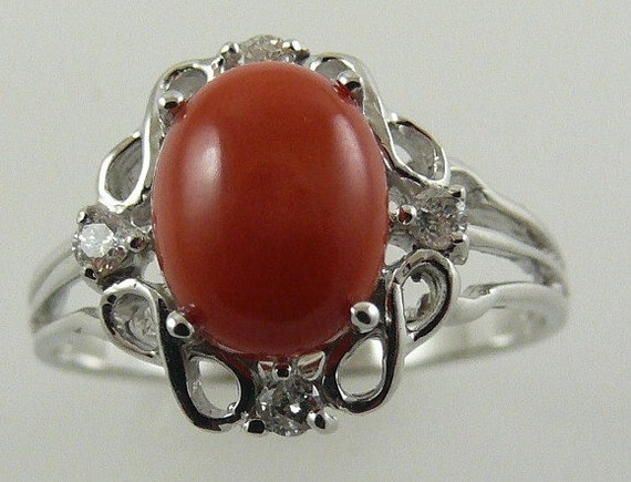 Italian Coral 9mm x 7mm Ring with Diamonds 0.12ct 14k White Gold