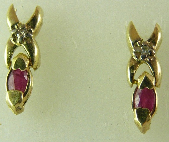 Ruby and Diamond Stud Earring 14k Yellow Gold