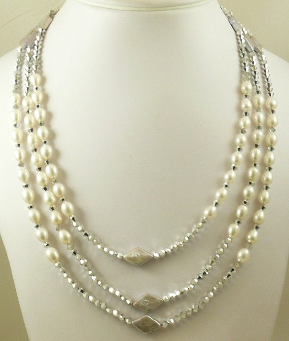 Freshwater White & Gray 6.5 - 6.9 mm Pearl and 4mm Crystal Triple Strand Necklace