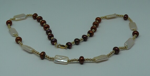 Freshwater White & Chocolate Pearl Necklace 14k Gold Filled Beads and Lobster Lock