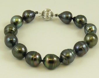 Tahitian Black 10.4 mm - 11 mm Pearl Bracelet 14K White Gold Clasp, 7 1/2&quot; Long