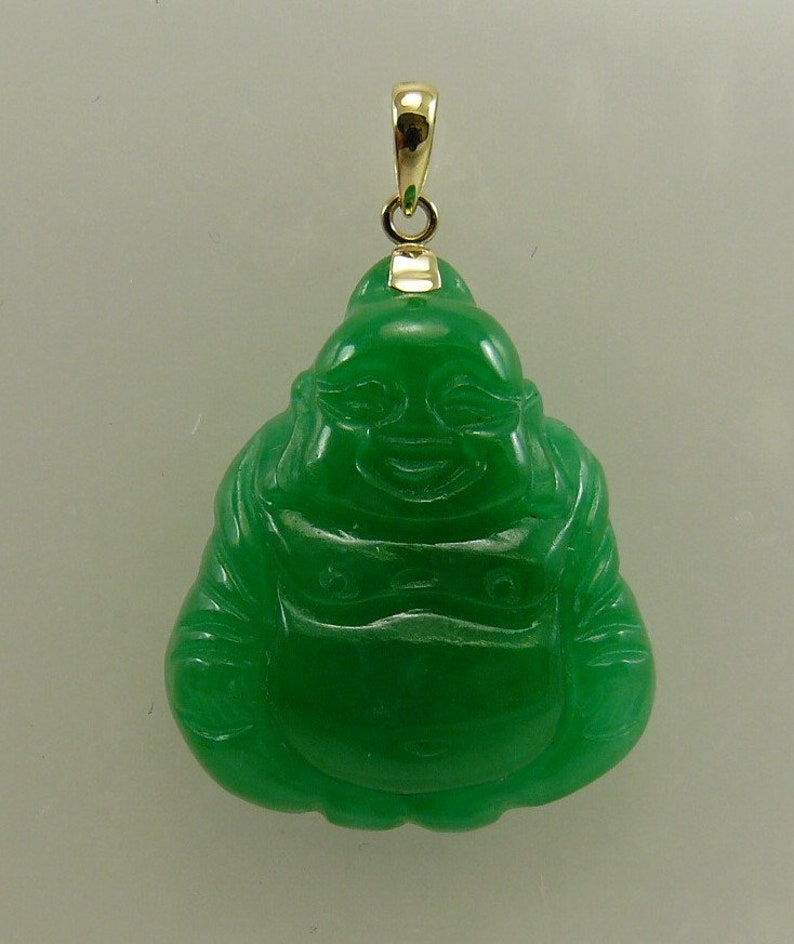Green Jade 22.8 mm x 26.6 mm Buddha Pendant 14k Yellow Gold