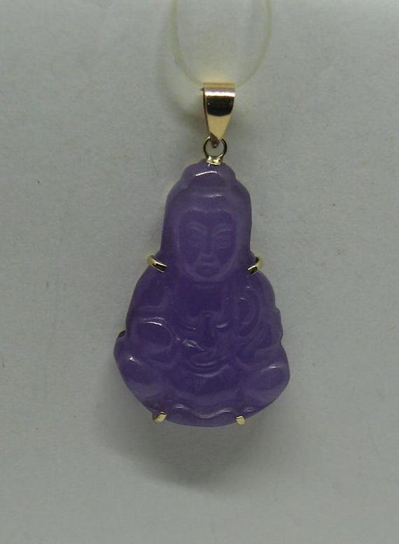 Lavender Jade Lady Buddha Pendant 14k Yellow Gold