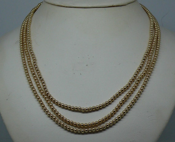 3mm 14k Gold-Filled Beaded Tripple Strand Necklace 16" Long