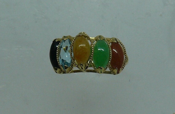 Multi-Color Jade & Blue Topaz 4 x 8 mm Ring With 14k Yellow Gold