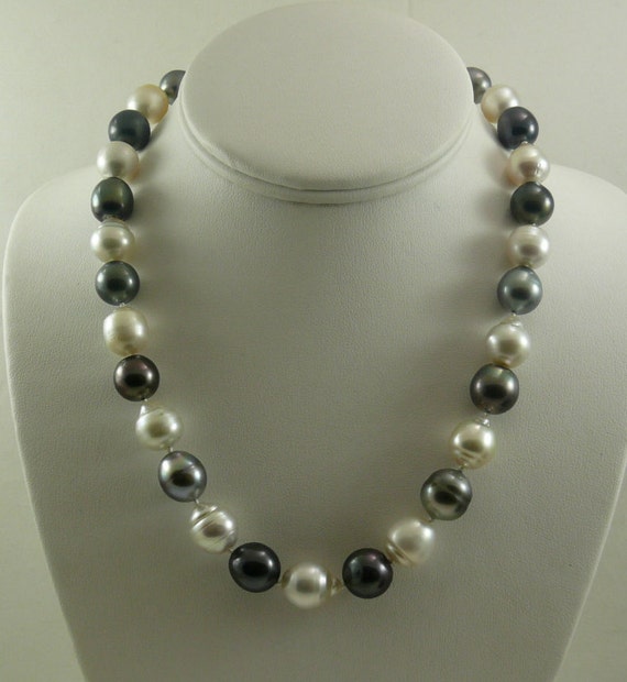 South Sea White and Black Tahitian Baroque Pearl Necklace 14K White Gold Clasp