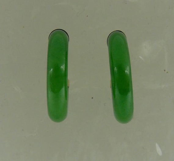 Green Jade 4.0 x 19.0 mm Hoop Earrings 14k Yellow Gold
