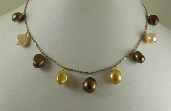 Freshwater Multi-Color Nugget Pearl Necklace with 14K Yellow Gold,16" Long