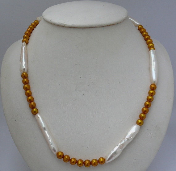 Freshwater Golden & White Pearl Necklace with Sterling Silver Clasp