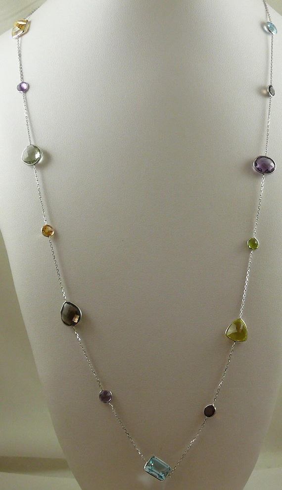 Multicolor Gemstones 36 Inches Necklace 14k White Gold