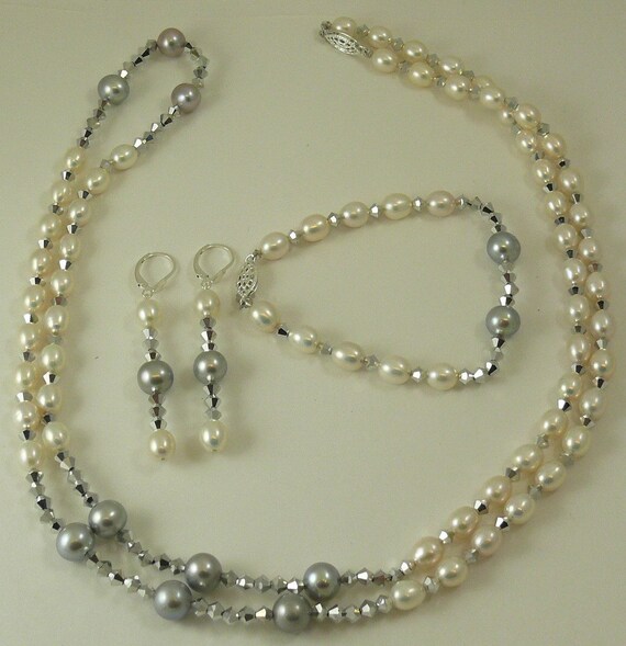 Freshwater White and Gray Pearl and Gray Crystal Necklace,Bracelet and Earring Set