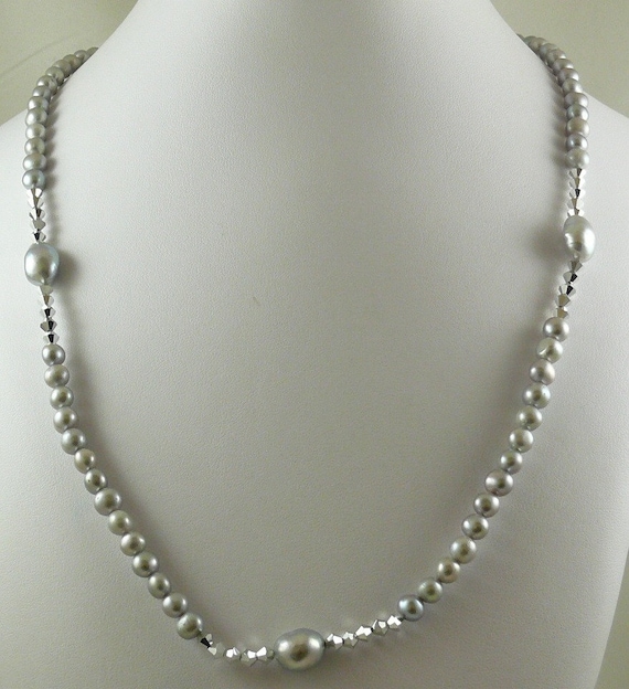 Freshwater Grey Pearl Necklace with Comet Crystal 34 Inches