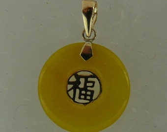 Yellow Jade Life Save Good Luck Pendant 14k Yellow Gold