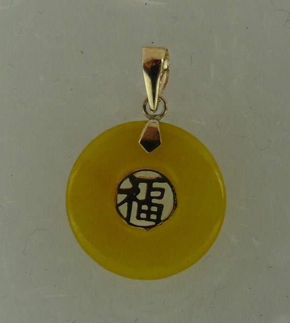 Yellow Jade Life Save Good Luck Pendant 14k Yellow Gold