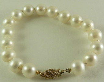 Freshwater Pearl 8.5 mm - 9.1 mm Bracelet 14k Yellow Gold Fish Locks 7 1/4&quot;