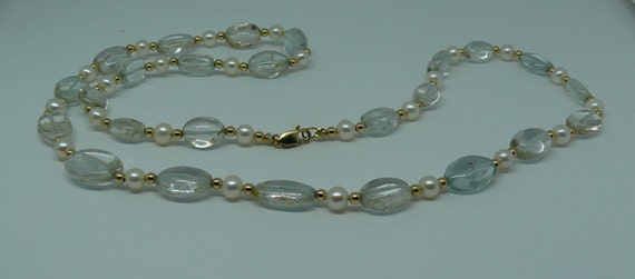 Freshwater Pearl & Aquamarine Necklace, 14k Yellow Gold-Filled Beads and Clasp