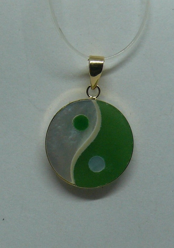 Green Jade and Mother of Pearl Yin Yang Pendant 14k Yellow Gold