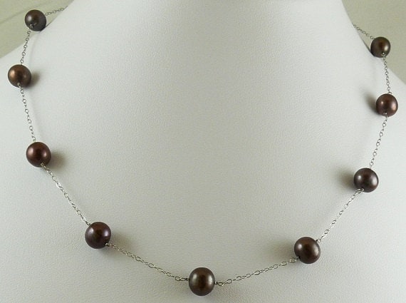 Freshwater Chocolate 7.5mm - 8.1mm Pearl Necklace 14k White Gold Chain 18"