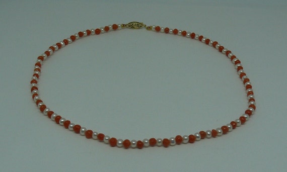 Italian Coral and Freshwater White Pearl Necklace with 14k Yellow Gold Clasp