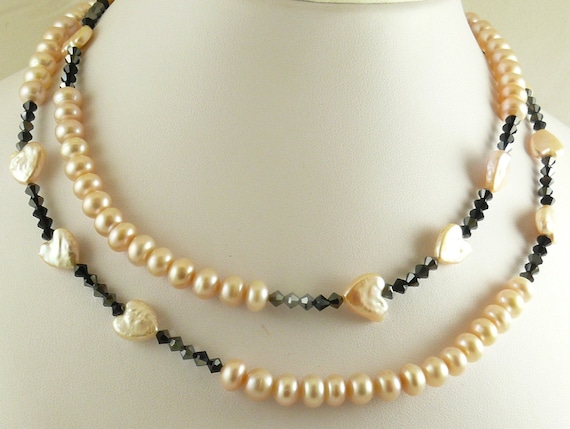 Freshwater Peach Pearl with Black Jet Crystals Necklace, Bracelet & Earrings