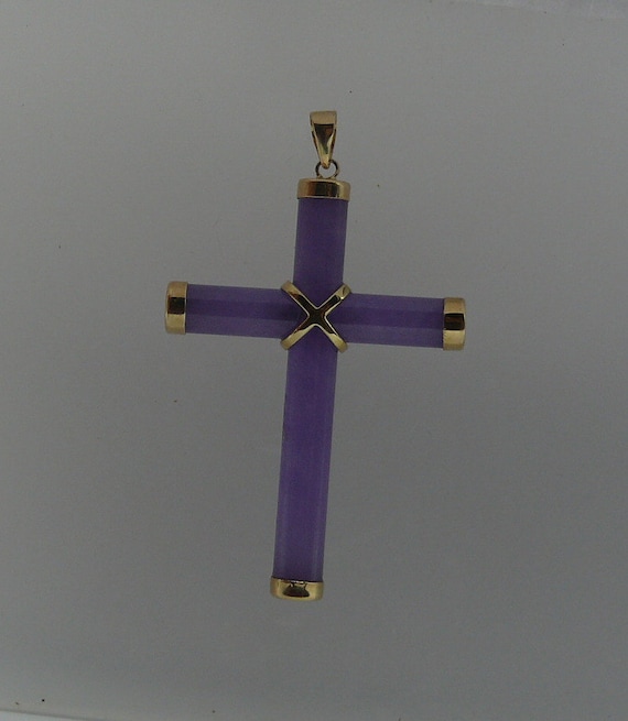 Lavender Jade Cross Pendant with 14k Yellow Gold