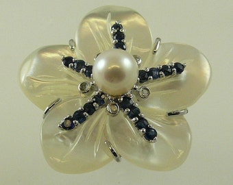 Mother of Pearl with Sapphire,Cultured Pearl & Dia Flower Ring with Silver