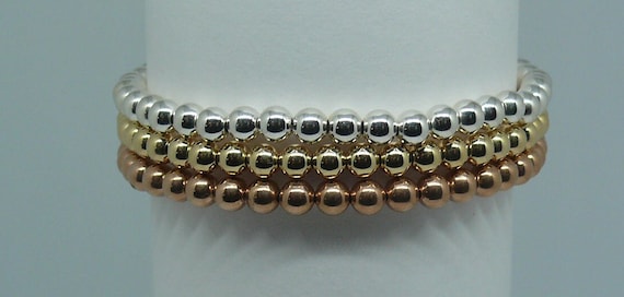 4mm 14K Yellow, Rose Gold Filled & Silver Beaded Stackable Bracelets 6.5"