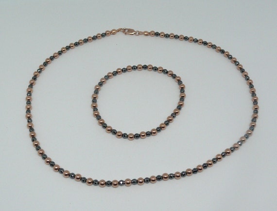 Rose Gold Filled 4 mm Beads and Hematite 3 mm Bead Necklace and Bracelet Set