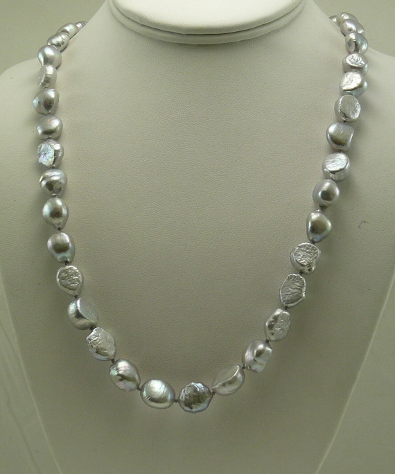 Freshwater Gray Baroque Pearl Necklace 14K White Gold Fish Lock 36"