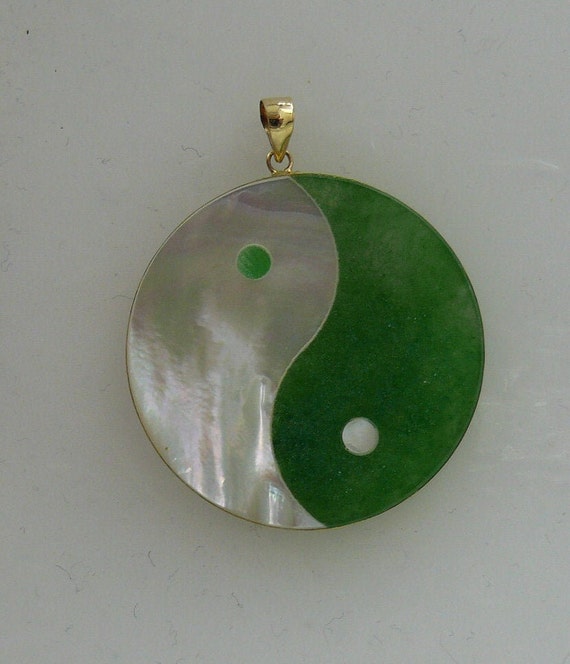 Green Jade and Mother of Pearl Yin Yang Pendant 14k Yellow Gold