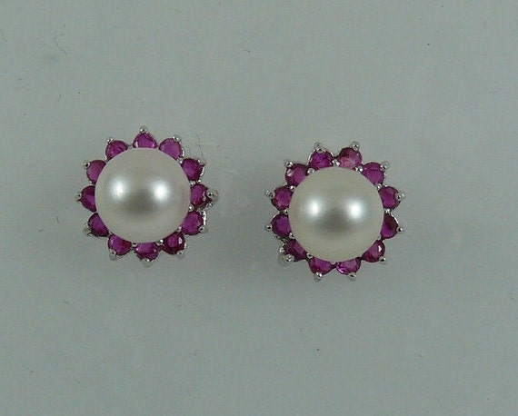 Akoya 6.9 mm White Pearl Earring and Ruby 0.80ct Jackets 14k White Gold