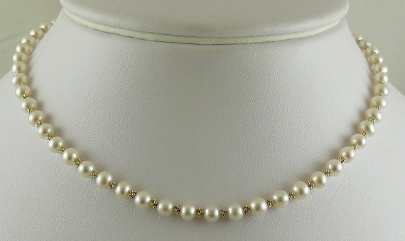 Freshwater White Semi-Round Pearl Tin Cup Necklace 14k YG Fancy Beads & Chain