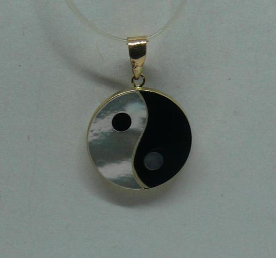 Black Onyx and Mother of Pearl Yin Yang Pendant 14k Yellow Gold