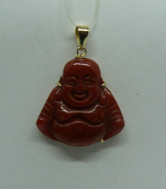 Red Jade Buddha Pendant 14k Yellow Gold