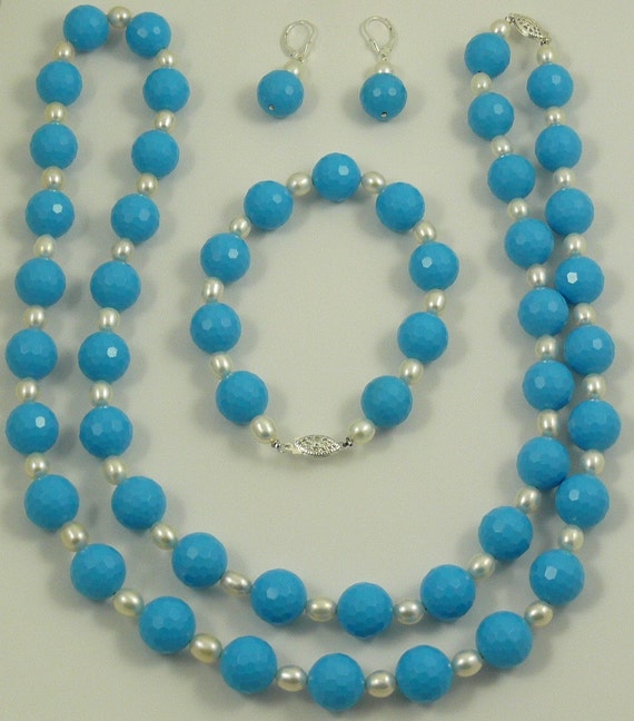 Freshwater Pearl and Blue Beads Necklace, Earring and Bracelet Set