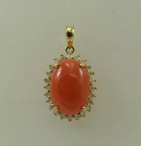 Coral 10 mm x 14 mm Pendant 14k Yellow Gold with Diamonds 0.37ct