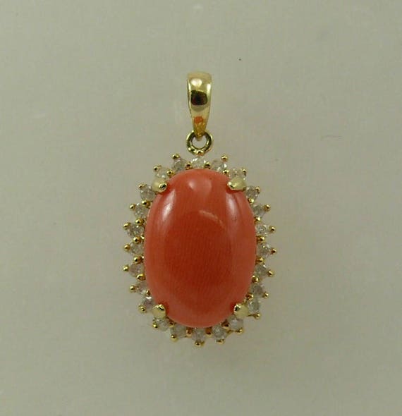 Coral 10 mm x 14 mm Pendant 14k Yellow Gold with Diamonds 0.37ct