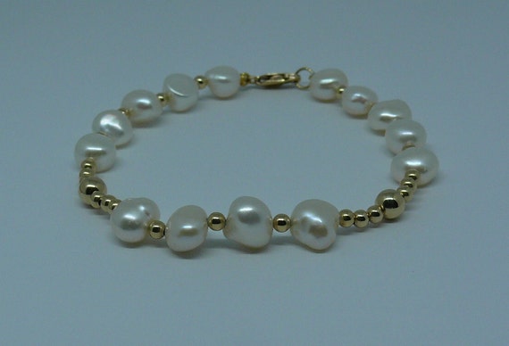 Freshwater 6-7mm Flat Pearl Bracelet with 14k Gold Filled Beads and Lobster Lock