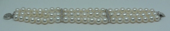 Freshwater Pearl Triple Strand Bracelet with 14k White Gold Clasp & Diamond Bars