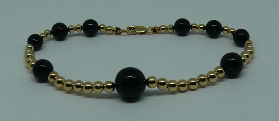 Black Onyx Bracelet 14k Yellow Gold Filled Clasp 7 3/4 Inches Long