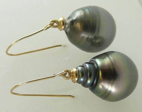 Tahitian Black Pearl Earrings 11.4 Mm X 14.7 Mm 14k Yellow