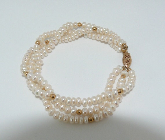 Freshwater Pearl Triple Strand Bracelet 14k Yellow Gold Clasp and Gold Beads