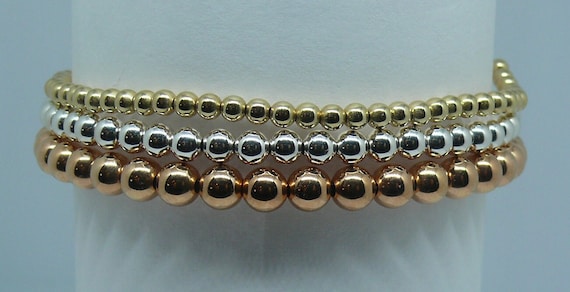 3, 4 & 5mm 14K Yellow, Rose Gold Filled, Silver Beaded Stackable Bracelets 7.5"