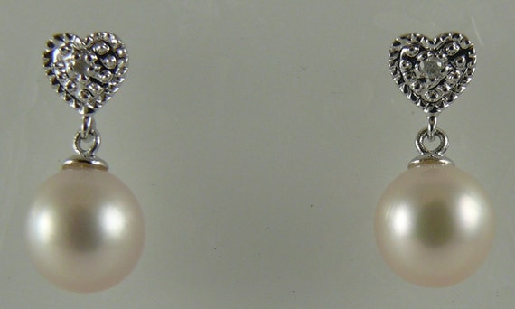 Freshwater White 6.8mm & 6.9mm Pearl Earring with Diamonds 0.02ct 14k White Gold