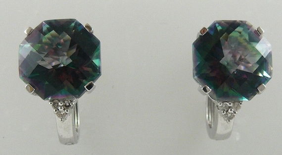 Mystic Topaz 11.7ct Earring 14k White Gold & Diamonds 0.07ct