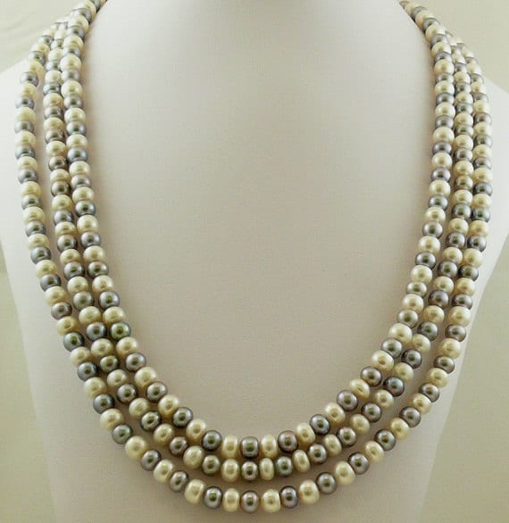 Freshwater Gray and White Triple Strand Necklace with Sterling Silver Lock