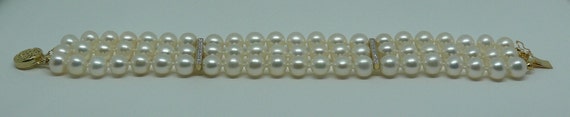 Freshwater Pearl Triple Strand Bracelet, 14k Yellow Gold Clasp & Diamond Bars