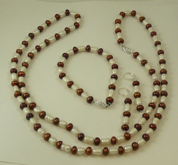 Freshwater White and Brown Pearl Necklace,Bracelet and Earring Set