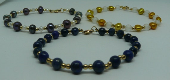 Freshwater Pearl and Semi Precious III Bracelet Set, 14k Gold Filled Beads & Clasp