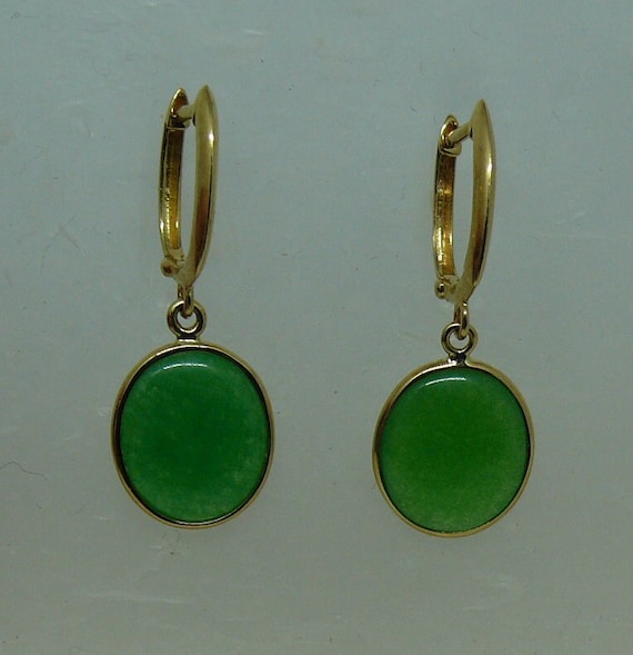 Green Jade Oval Shape Earrings 14k Yellow Gold